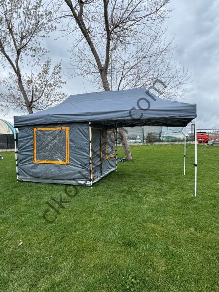 CLK 3x6 Yeni Sistem 4 Pencere 2 Kapılı Verendalı 40 mm Profil Katlanır Portatif Gazebo Kamp Çadır Gri Açık Mavi (Turkuaz)