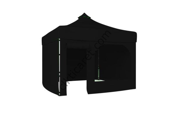 CLK 5x5 52mm Kalın Alüminyum Katlanabilir Tente Gazebo Çadır 3 Kenar Kapalı 1 Yan Kapı ve Pencereli Siyah